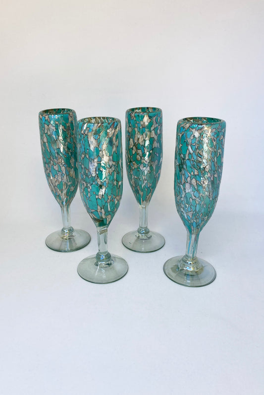 Hand Blown Champagne Glass - Teal/Tan Confetti