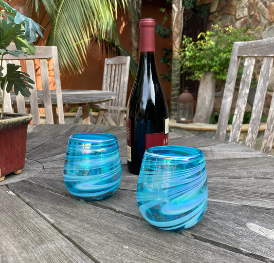 Stemless Wine Glass - Turquoise/White Swirl