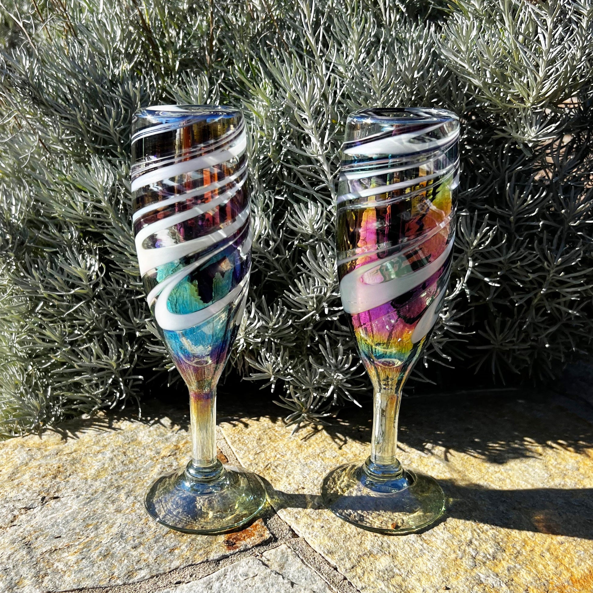 Designer Handblown Crystal Wine Glasses, Unique Iridescent Design