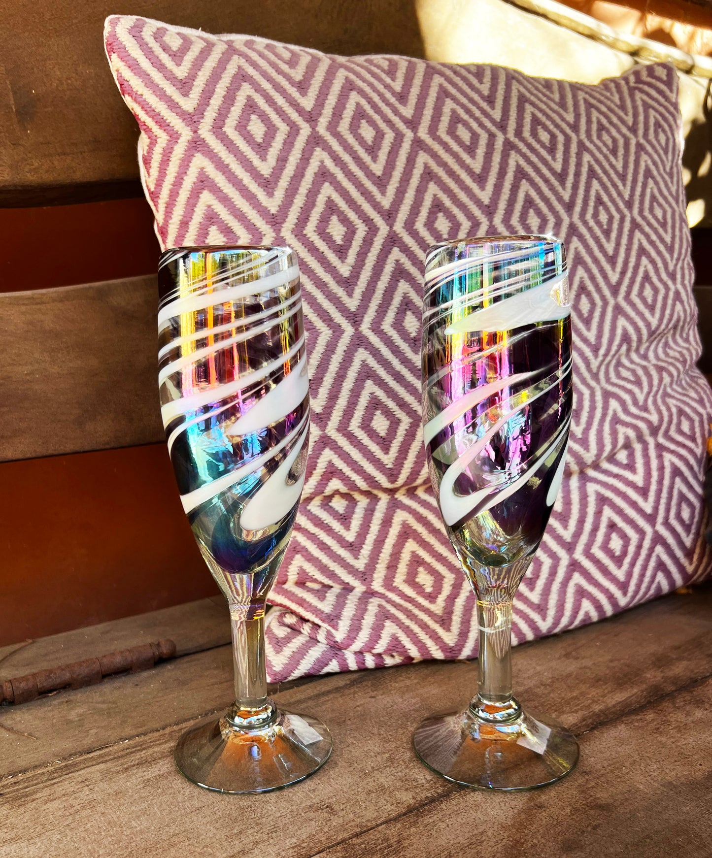Hand Blown Champagne Glass - Purple / White Iridescent Swirl
