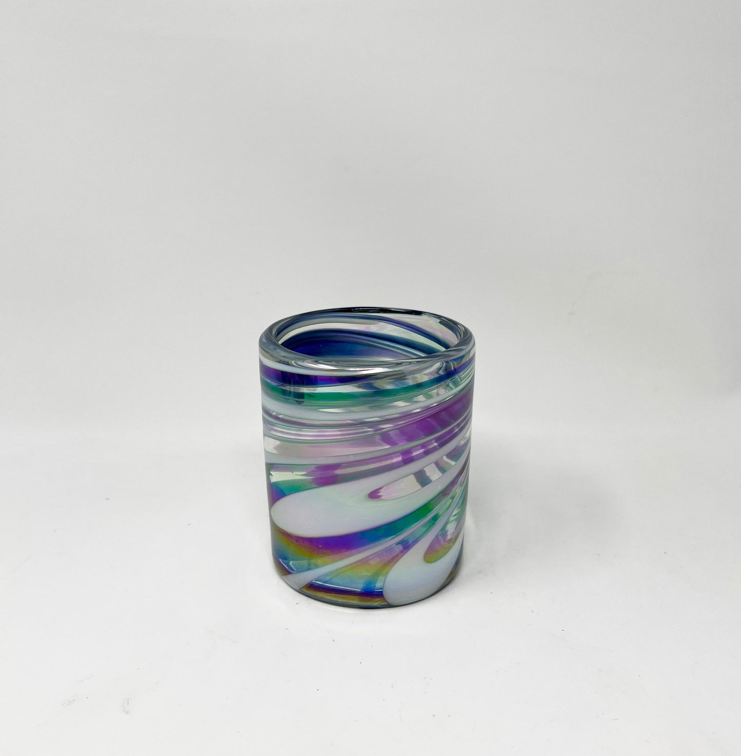 Hand Blown Low Ball Glass - Purple/White Iridescent Swirl