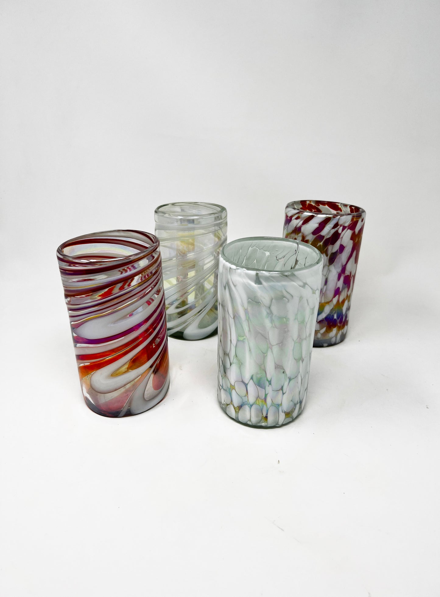 Hand Blown Water Glass - Red/White Iridescent Confetti