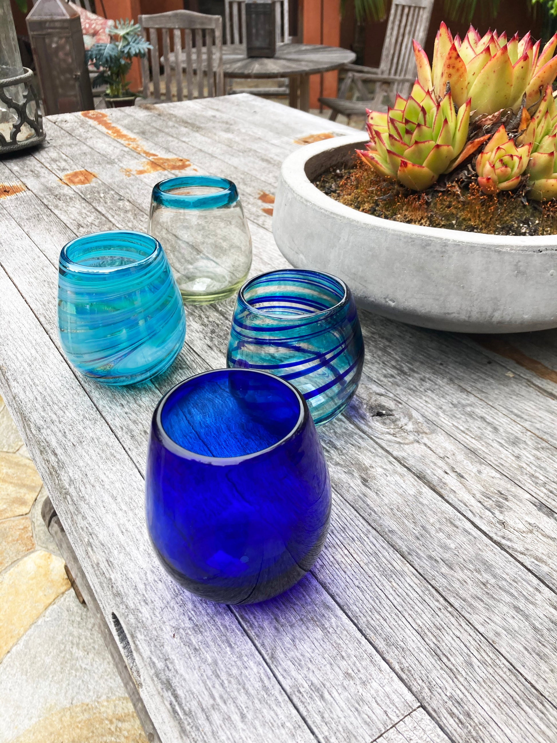 Hand Blown Glass: Blue Stemless Wine Glass 