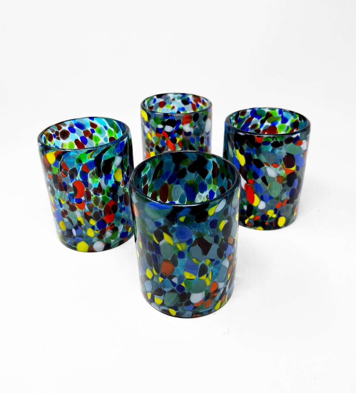 Hand Blown Low Ball Tumbler Glass - Turquoise Confetti