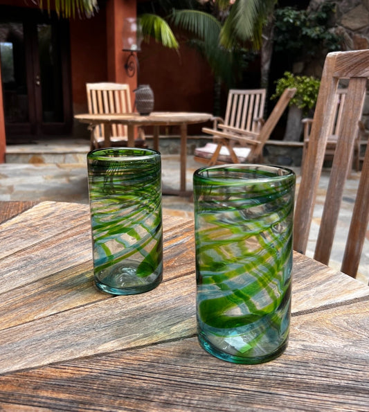 Hand Blown Water Glass - Turquoise/Green Swirl