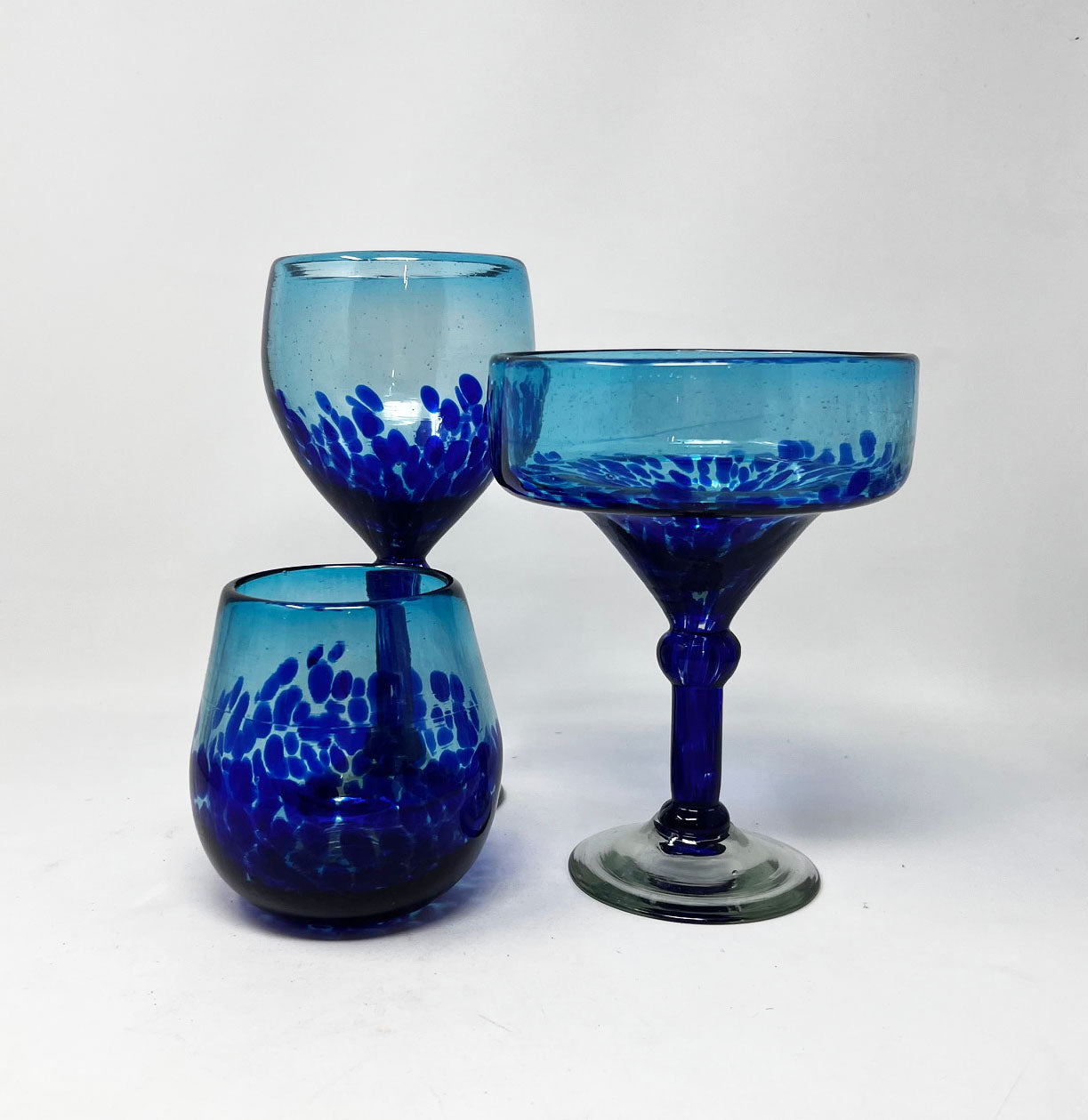 Hand Blown Glass: Blue Stemless Wine Glass 