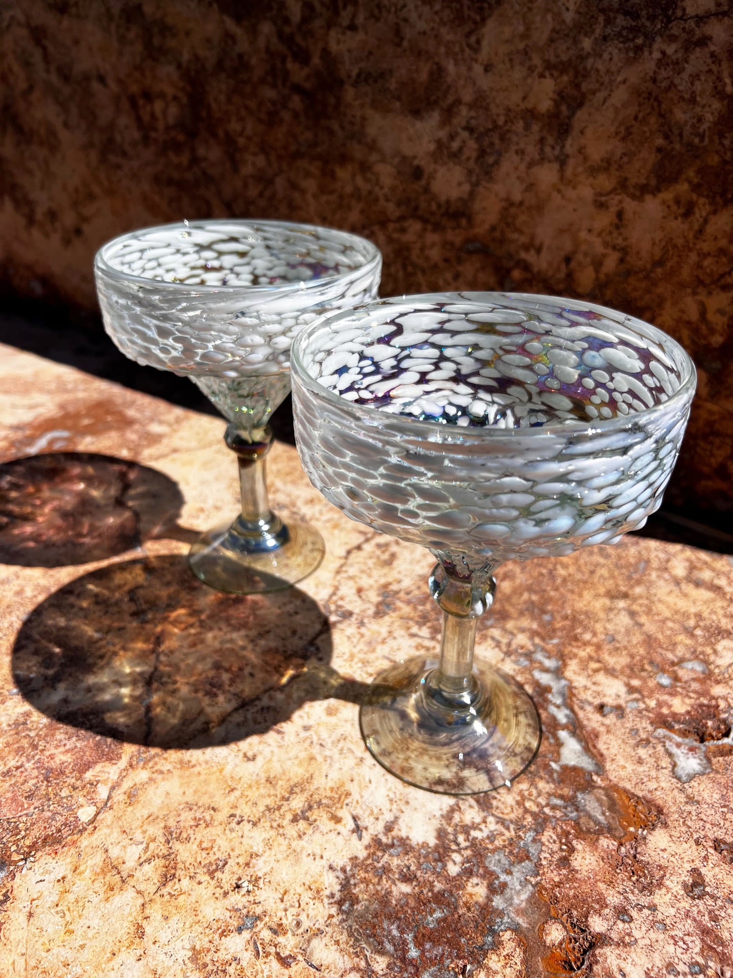 Hand Blown Margarita Glass - White Graniti Iridescent