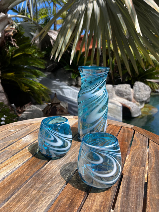 30 oz Hand Blown Glass Luc Pitcher / Vase -  Turquoise White Swirl Iridescent
