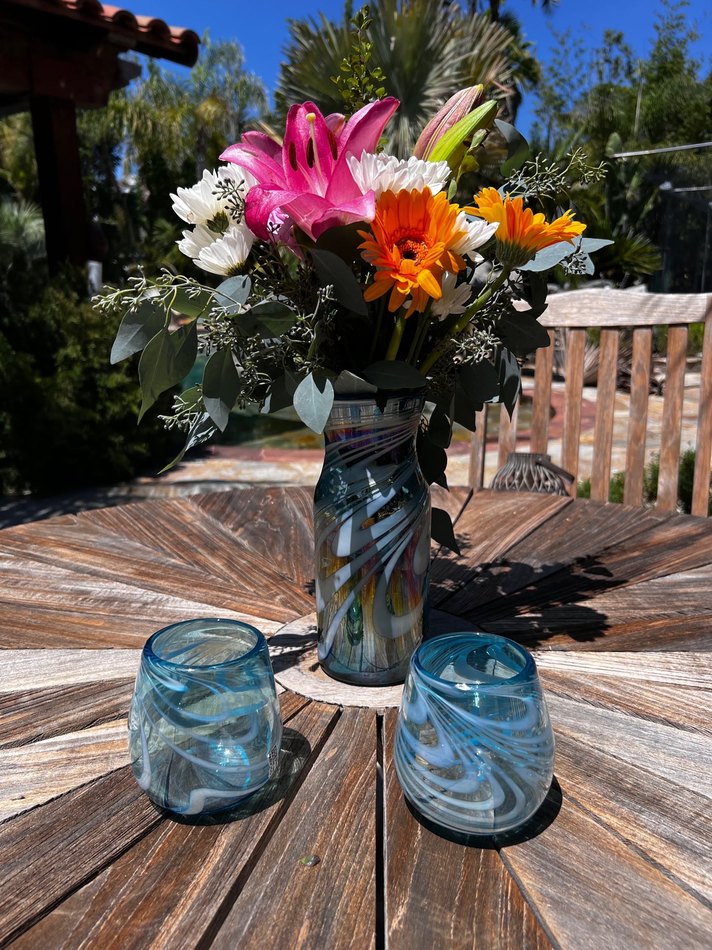 30 oz Hand Blown Glass Luc Pitcher / Vase -  Turquoise White Swirl Iridescent