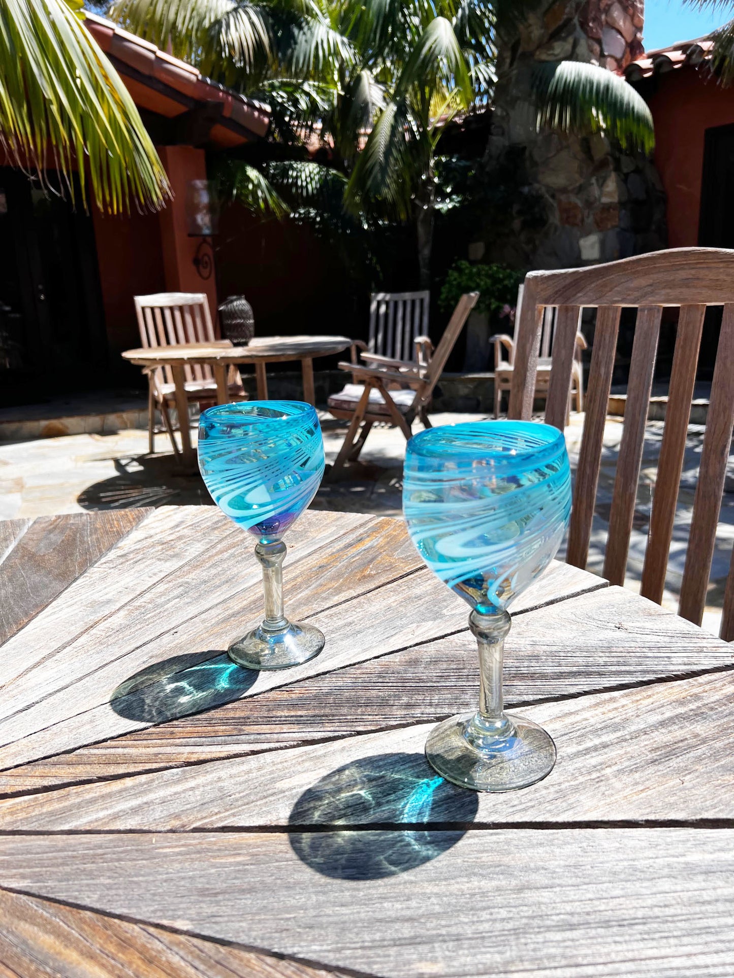 Hand Blown Wine Glass - Turquoise / White Iridescent Swirl