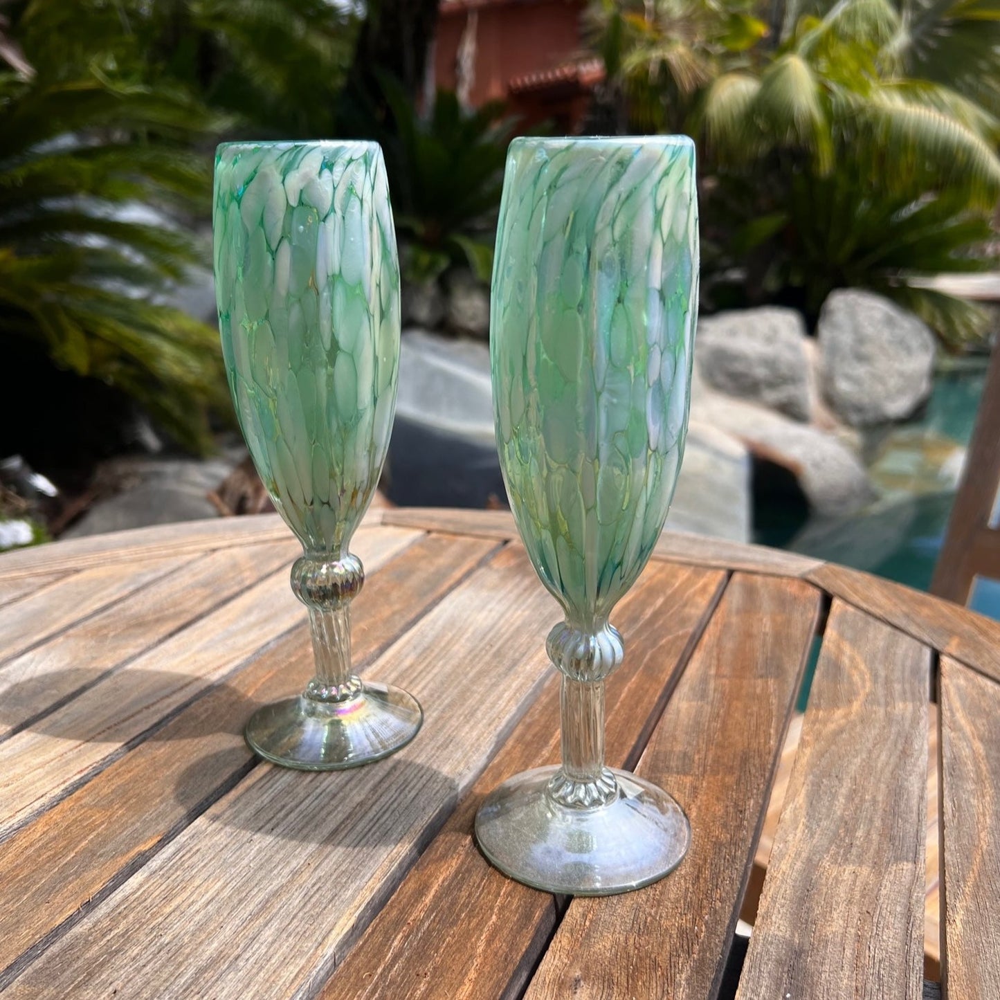 Hand Blown Champagne Glass - Aegean Green Iridescent