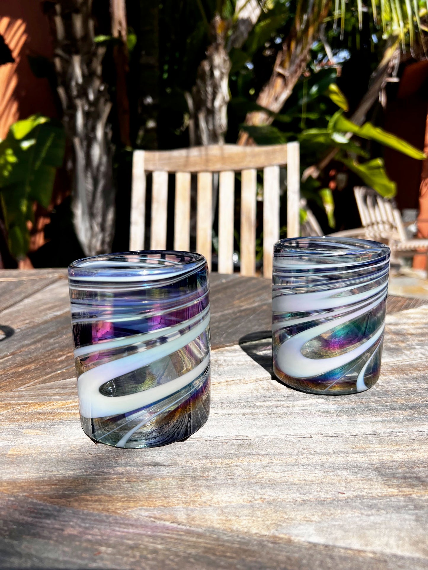 Hand Blown Low Ball Glass - Purple/White Iridescent Swirl