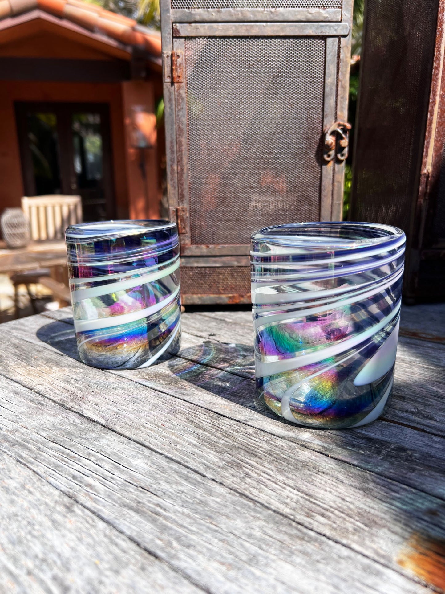 Hand Blown Low Ball Glass - Purple/White Iridescent Swirl
