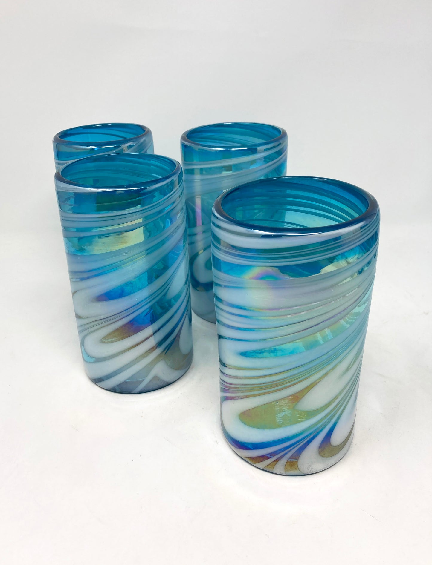 Hand Blown Water Glass - Turquoise/White Swirl Iridescent