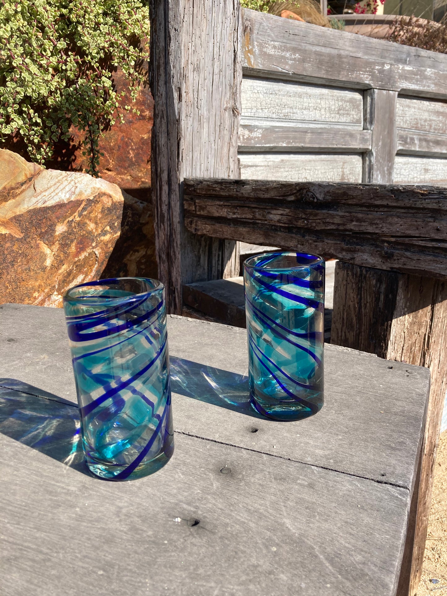 Hand Blown Water Glass - Turquoise/Blue Swirl