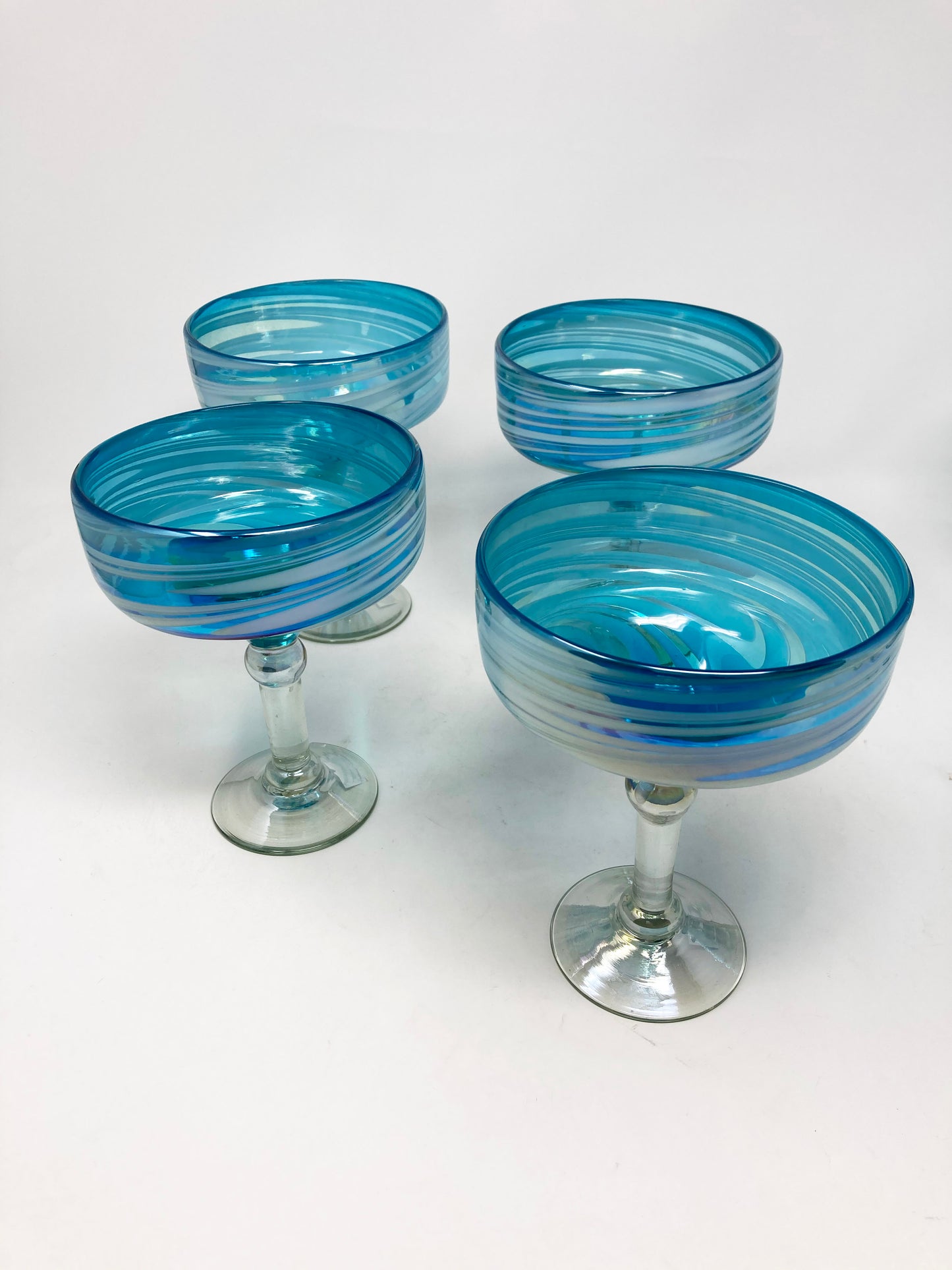 Hand Blown Margarita Glass - Turquoise/White Swirl Iridescent