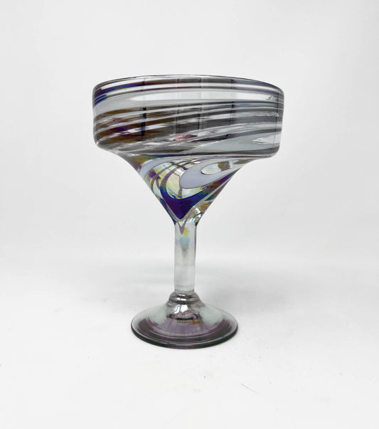 Hand Blown Margarita Glass - Purple/White Iridescent Swirl