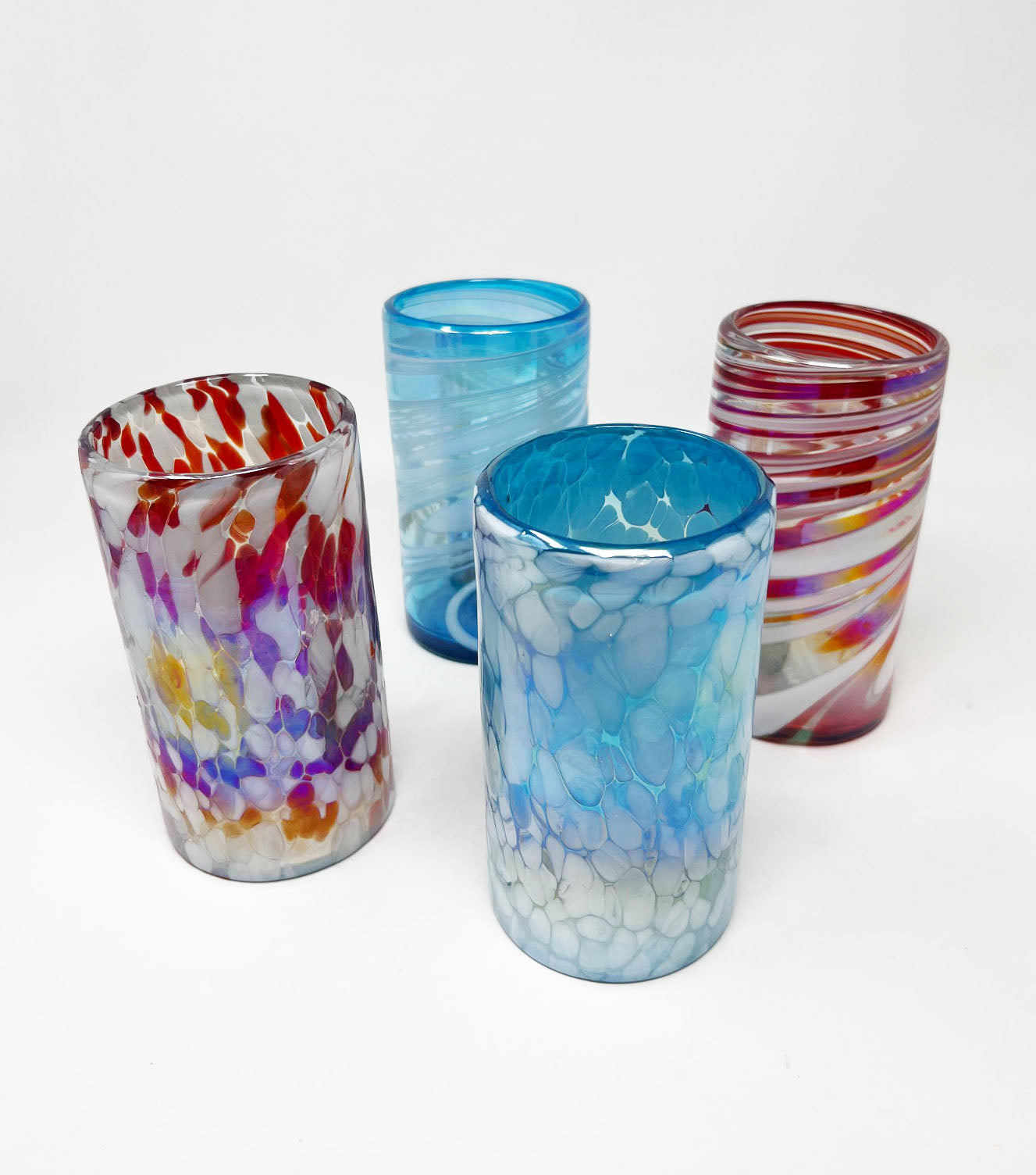 4 Hand Blown Water Glasses - Red Blue and You Too Collection (Iridescent)