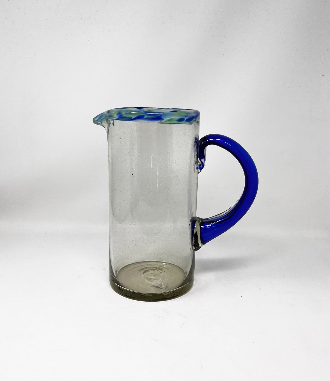 64 oz Hand Blown Glass Pitcher - Tall Aegean Blue Rim