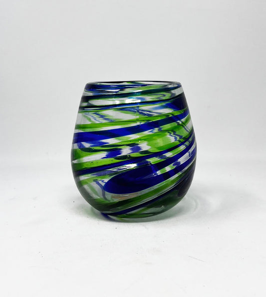 Hand Blown Stemless Wine Glass - Blue/Green Swirl