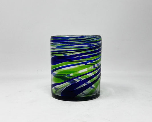 Hand Blown Low Ball Tumbler Glass - Blue / Green Swirl