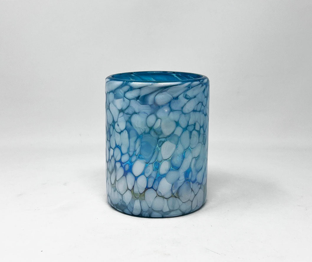 Hand Blown Low Ball Tumbler Glass - Blue Ice Iridescent