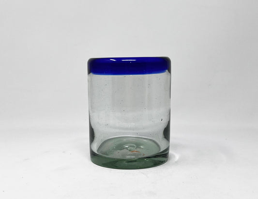 Hand Blown Low Ball Glass - Blue Rim