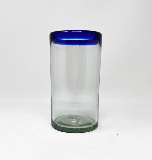 Hand Blown Water Glass - Cobalt Blue Rim