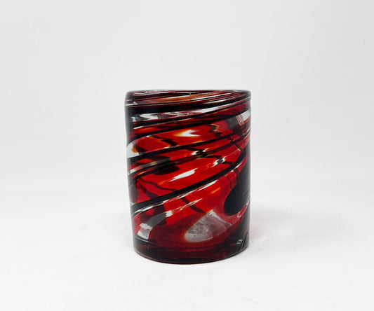 Hand Blown Low Ball Tumbler Glass - Red/Chocolate Swirl
