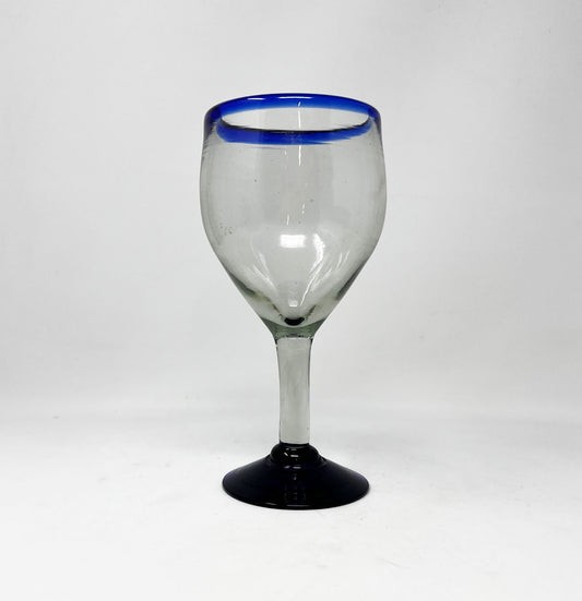 Hand Blown Wine Glass - Cobalt Blue Rim and Base