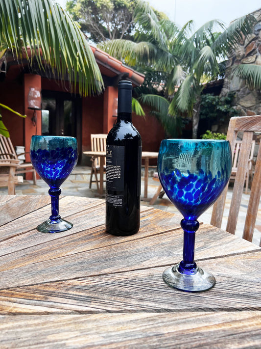 Hand Blown Wine Glass - Turquoise Deep Sea Base