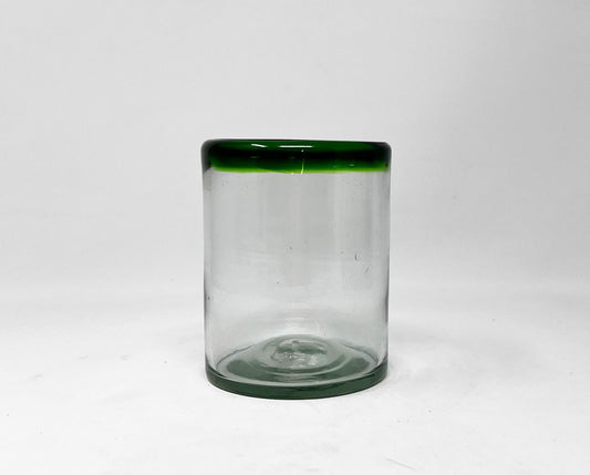 Hand Blown Low Ball Tumbler Glass - Green Rim