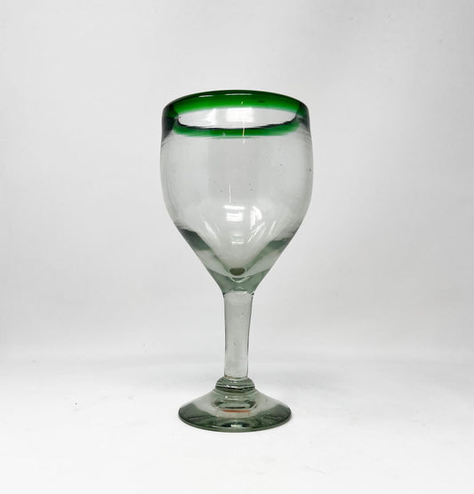 Hand Blown Wine Glass - Green Rim