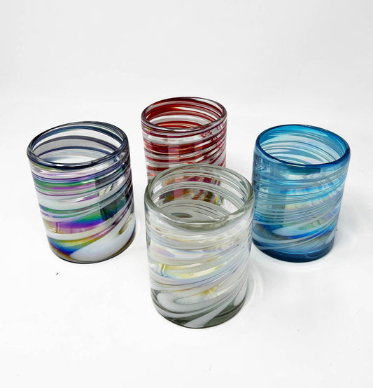 4 Hand Blown Low Ball Tumbler Glasses -  The Cotton Candy Collection (Iridescent)