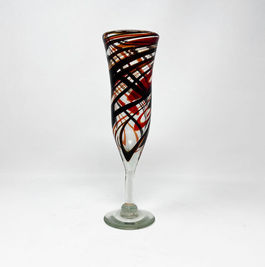Hand Blown Trumpet Champagne Glass - Red / Chocolate Swirl