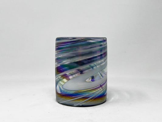 Hand Blown Low Ball Glass - Purple/White Iridescent Swirl