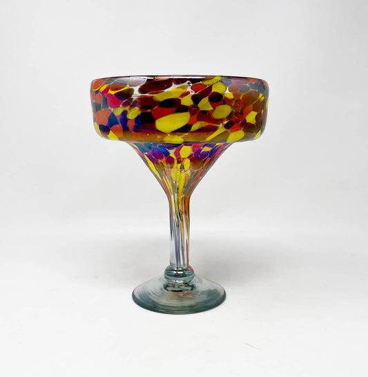 Hand Blown Margarita Glass - Red/Orange Iridescent Confetti