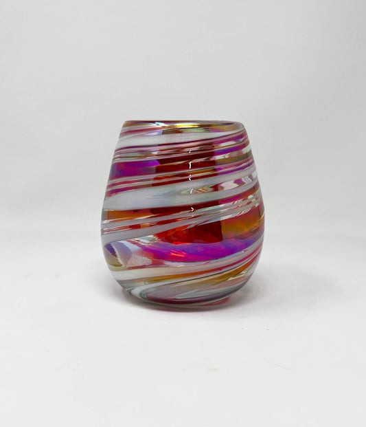Stemless Wine Glass - Red/White Iridescent Swirl