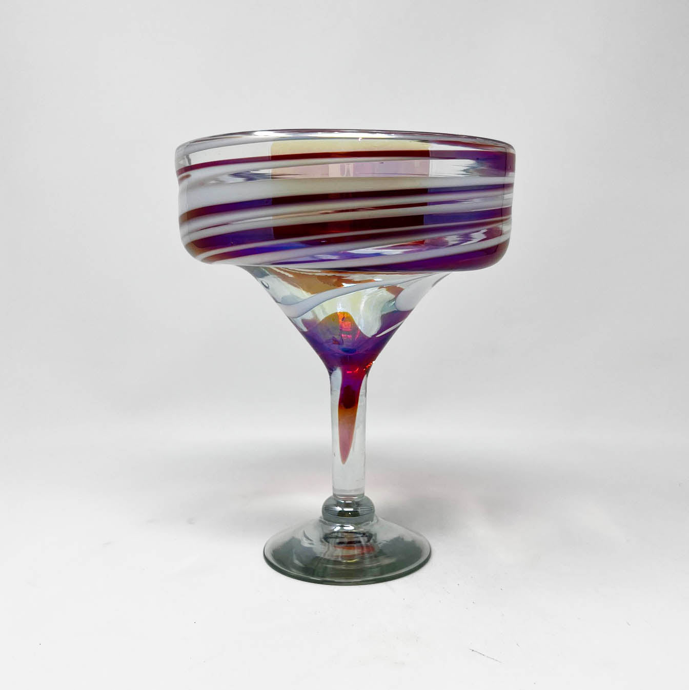 Hand Blown Margarita Glass - Red/White Iridescent Swirl