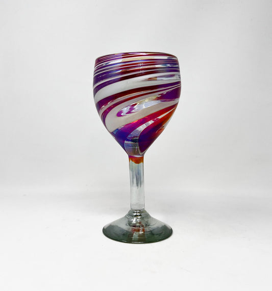 Hand Blown Wine Glass - Red / White Iridescent Swirl
