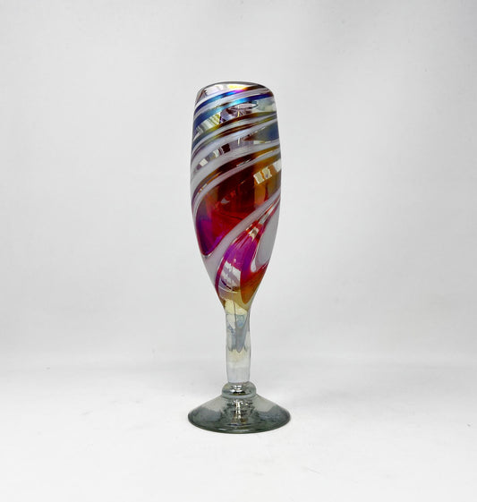 Hand Blown Champagne Glass - Red / White Iridescent Swirl