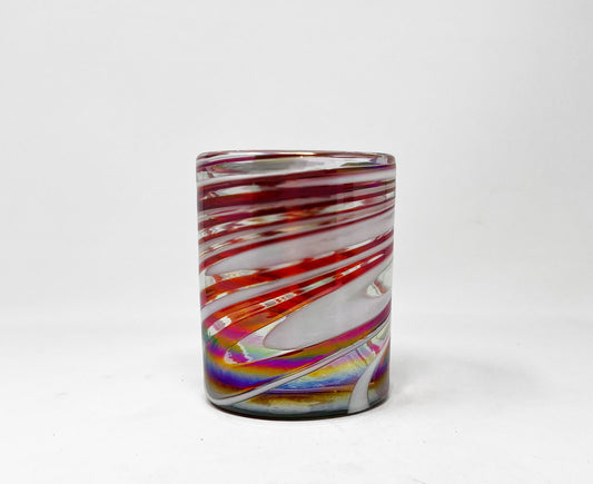 Hand Blown Low Ball Tumbler Glass - Red/White Iridescent Swirl