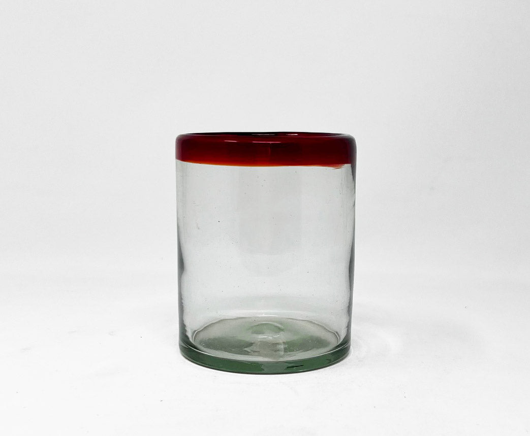Hand Blown Low Ball Glass - Red Rim
