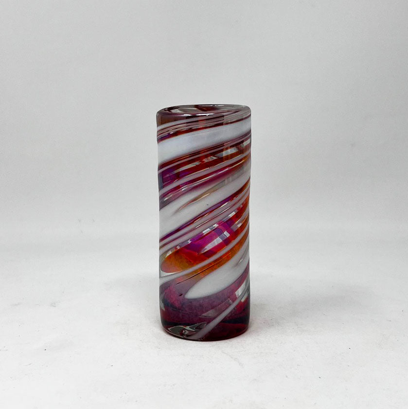 Hand Blown Shot Glass - Red/White  Iridescent Swirl