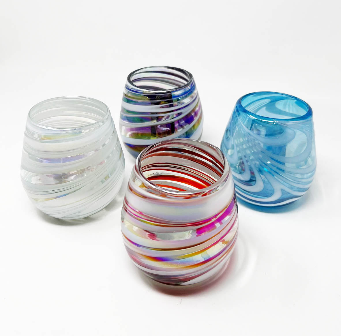 4 Hand Blown Stemless Wine Glasses -  The Cotton Candy Collection (Iridescent)