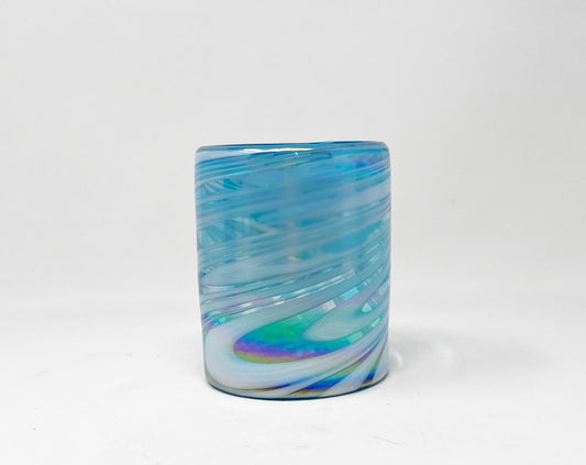 Hand Blown Low Ball Tumbler Glass - Turquoise / White Swirl Iridescent