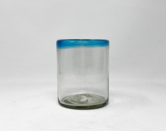 Hand Blown Low Ball Glass - Turquoise Rim