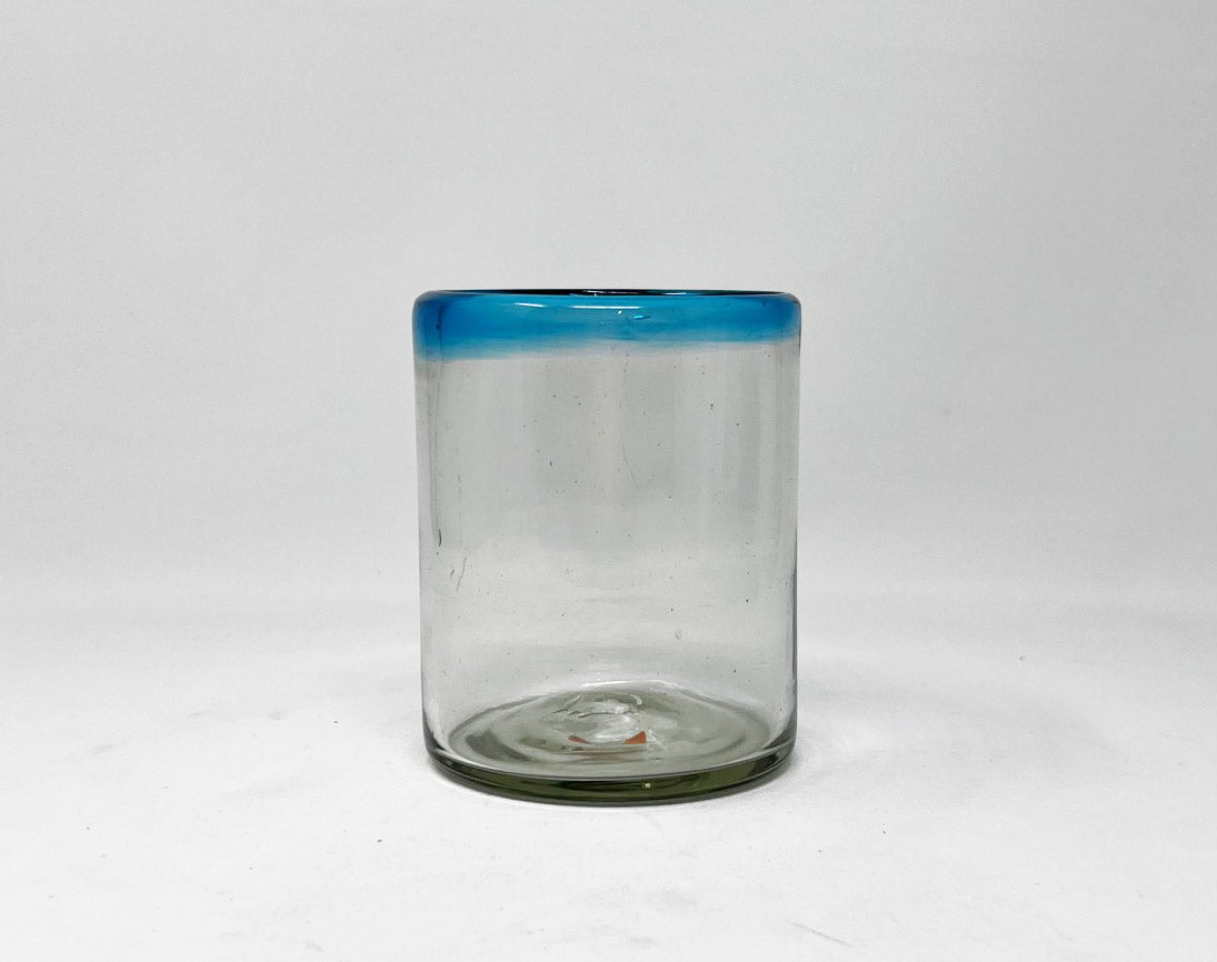 Hand Blown Low Ball Glass - Turquoise Rim
