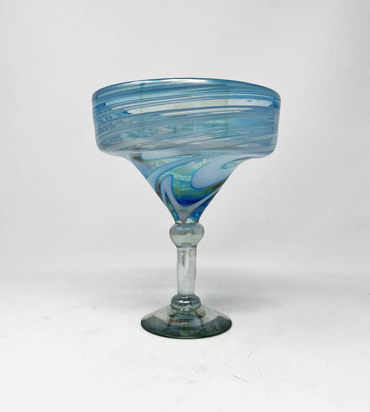 Hand Blown Margarita Glass - Turquoise/White Swirl Iridescent