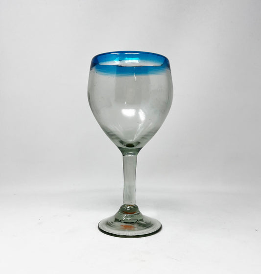Hand Blown Wine Glass - Turquoise Rim